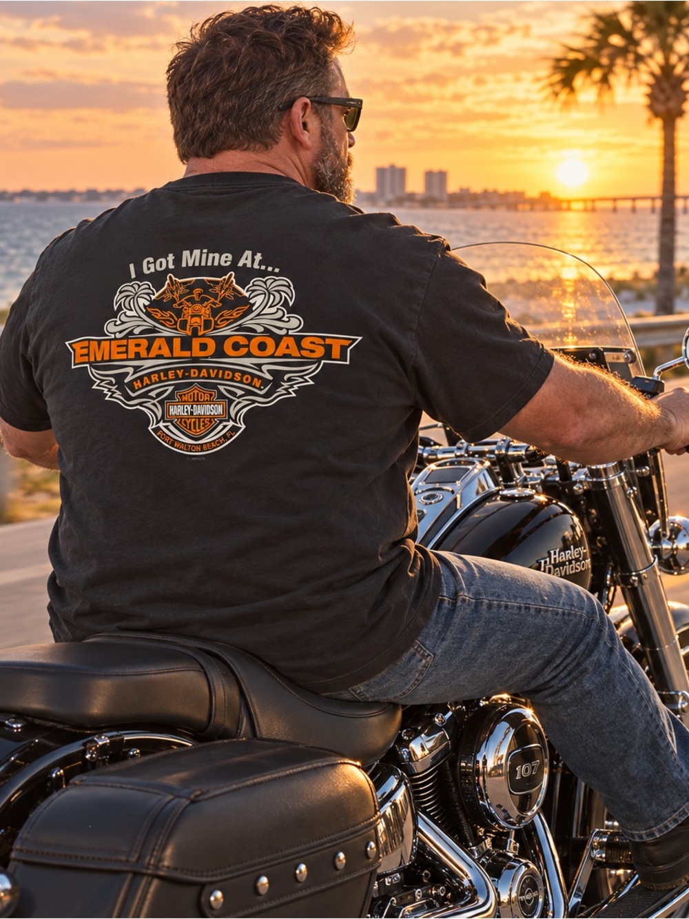 Harley-Davidson Black Short-Sleeve Tee with Orange Emerald Coast Graphic